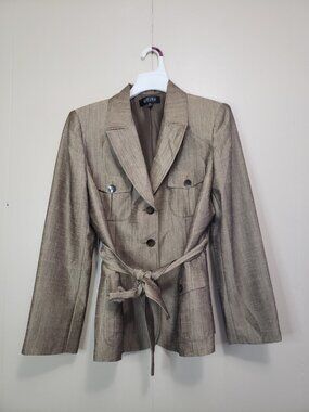 Vtg Kasper Womens 14 Belted Jacket Gold Tone Button Up Pockets Chic Classy